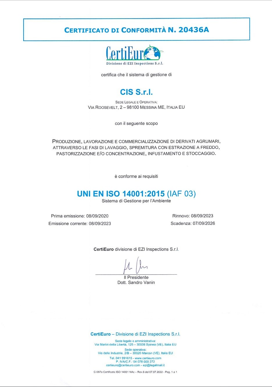 ISO 14001 certificate