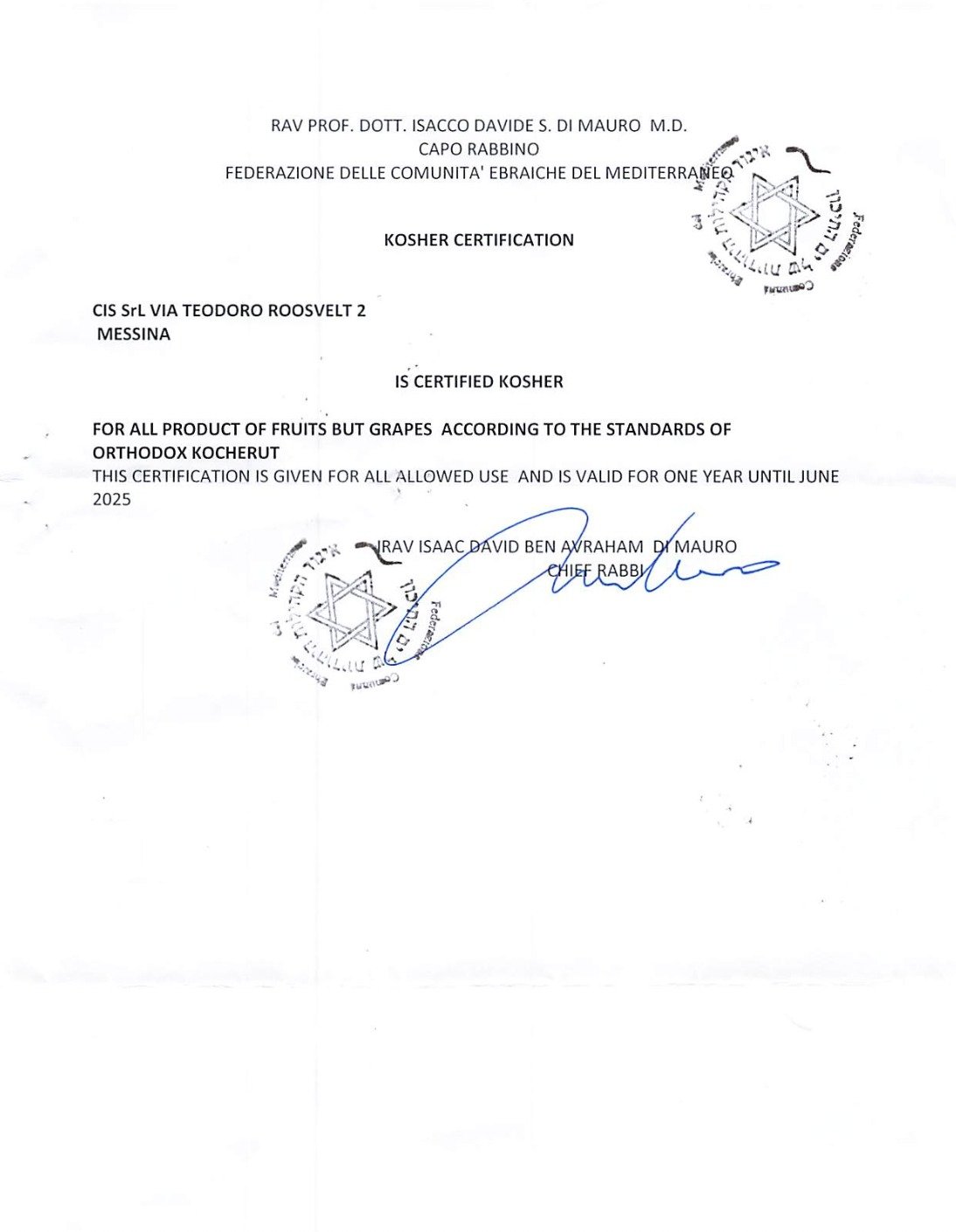 Kosher certificate